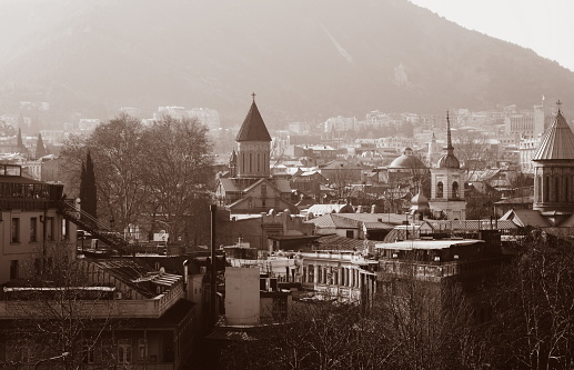 Panorama view from top of Salzburg, Austria in black and white