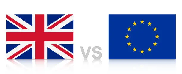 Vector illustration of UK versus EU. The United Kingdom against the European Union. National flags with reflection. Vector Illustration.