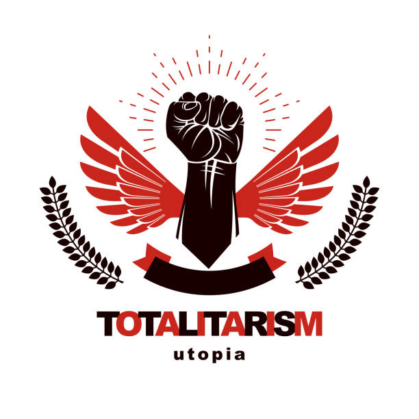 векторный плакат, созданный с помощью сжатого кулака, поднятого вверх, и крыльев свободы. тоталитаризм как злая сила, политическая пропаган - liberty for all audio stock illustrations