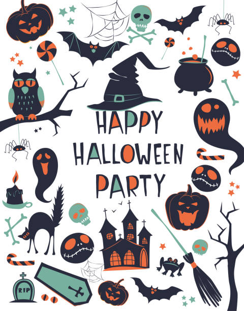 happy halloween vector illustration hintergrund grenze muster rahmenkarte - halloween witch domestic cat frame stock-grafiken, -clipart, -cartoons und -symbole