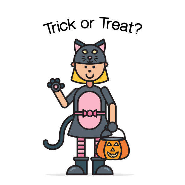 Girl in cat Halloween costume Cute blonde girl trick or treating dressed as black cat holding pumpkin candy bag and waving. Cartoon vector illustration. black cat costume stock illustrations