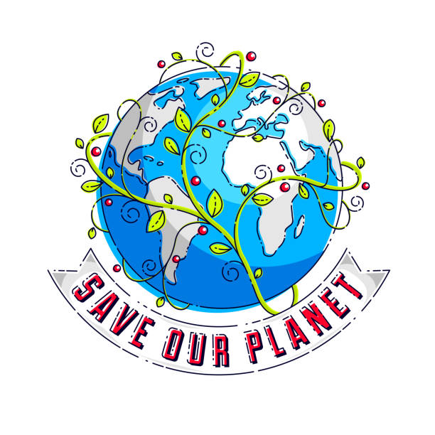 ilustrações de stock, clip art, desenhos animados e ícones de save the earth, protect our planet, eco ecology, climate changes, earth day april 22, planet with ribbon and typing and floral leaves green growth, vector emblem or illustration isolated on white. - earth day banner placard green