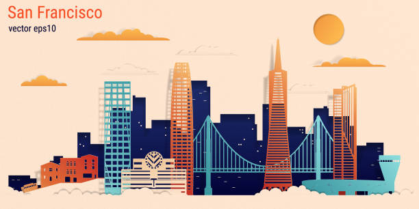 illustrazioni stock, clip art, cartoni animati e icone di tendenza di stile di taglio della carta colorato della città di san francisco, illustrazione vettoriale - san francisco county immagine