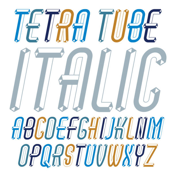 istock Vector trendy modern capital, uppercase alphabet letters collection. Unlike italic condensed type font, script from a to z can be used for emblem creation. Created using dimensional tetra pipe. 1051313774