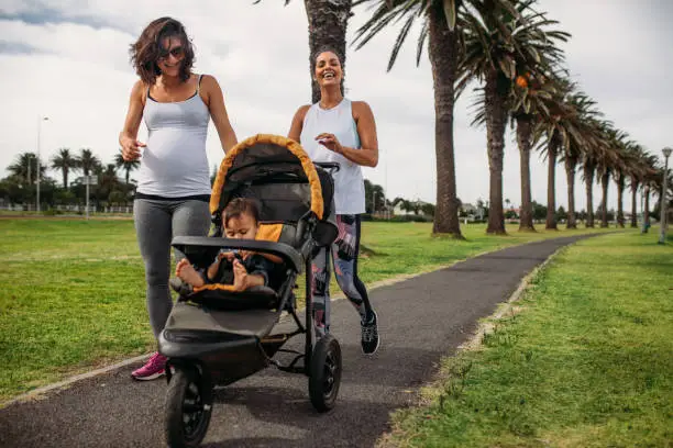 Two women walking with a baby pram in a park. Pregnant woman on a morning walk with her baby in a stroller.