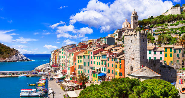 Beautiful coastal town Portovenere in Cinque terre national park. Liguria, Italy amazing colorful traditioanl villages of Cinque Terre in Liguria, Italy liguria photos stock pictures, royalty-free photos & images
