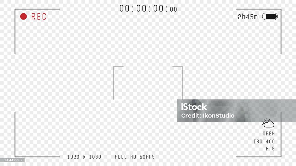 Video camera overlay Video camera viewfinder overlay. 16:9 full hd format of frame with 60 fps template. Camera frame vector template. Black lines and text, rec icon with information and timing on transparent background. Home Video Camera stock vector