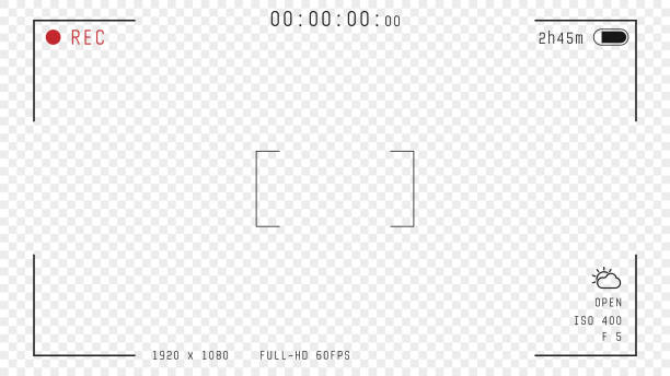 Video camera overlay Video camera viewfinder overlay. 16:9 full hd format of frame with 60 fps template. Camera frame vector template. Black lines and text, rec icon with information and timing on transparent background. film camera overlay stock illustrations