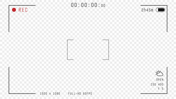 Video camera overlay Video camera viewfinder overlay. 16:9 full hd format of frame with 60 fps template. Camera frame vector template. Black lines and text, rec icon with information and timing on transparent background. view finder stock illustrations