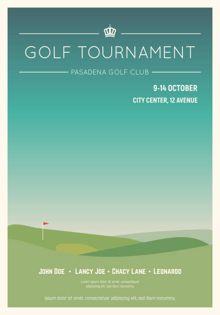 Local golf tournament poster Retro style golf club poster. Blue sky and green golf field. Golfclub competition poster. Championship or tournament text placeholder. Template for golf competition or championship event. golf course stock illustrations