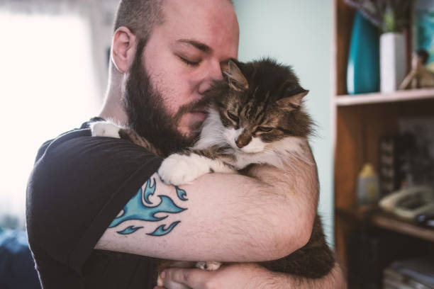 A white bearded man holding his cat stock photo