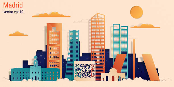 ilustraciones, imágenes clip art, dibujos animados e iconos de stock de papel de colores de la ciudad de madrid corte de estilo, ilustración stock vector - madrid