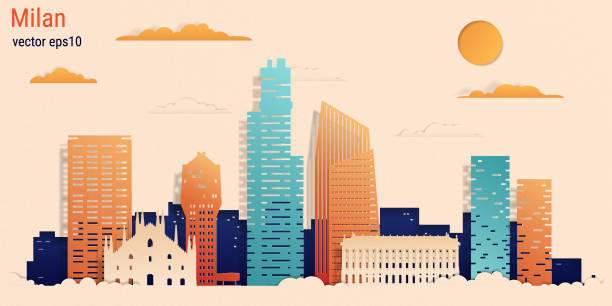 illustrazioni stock, clip art, cartoni animati e icone di tendenza di milano città colorato stile taglio carta, illustrazione di materiale vettoriale - milan