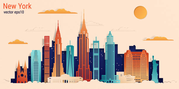 ilustraciones, imágenes clip art, dibujos animados e iconos de stock de papel colorido de la ciudad de nueva york corte de estilo, ilustración stock vector - new york