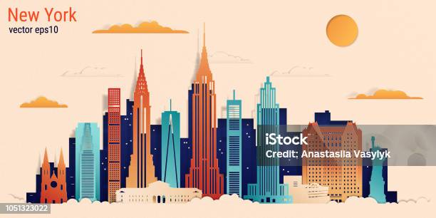 Stile Di Taglio Della Carta Colorato Di New York City Illustrazione Vettoriale - Immagini vettoriali stock e altre immagini di New York - Città