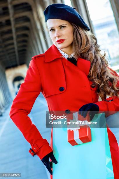 Frau In Paris Mit Einkaufstasche Und Weihnachten Präsentieren Box Stockfoto und mehr Bilder von Baskenmütze