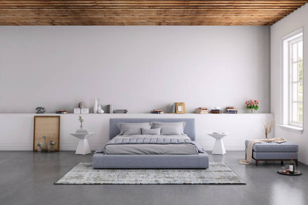 Modern bedroom interior with blank wall for copy space stock photo