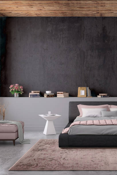 Modern bedroom interior with blank wall for copy space Modern bedroom interior, with bed, night tables, lamps, and many details around. Many books and decoration, wall is rich in texture. Copy space background template render pink bed stock pictures, royalty-free photos & images