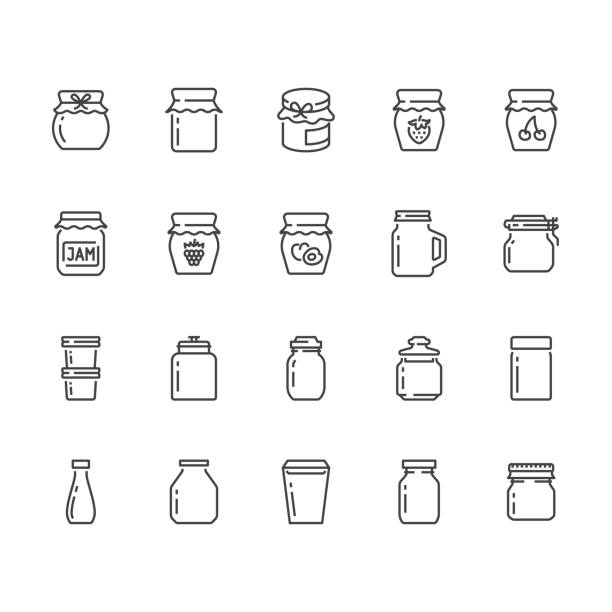 Bottle of jam flat line icons. Glass packaging for fruit confiture, raspberry strawberry jelly container vector illustrations. Thin signs for sweet food store. Pixel perfect 64x64. Editable Strokes Bottle of jam flat line icons. Glass packaging for fruit confiture, raspberry strawberry jelly container vector illustrations. Thin signs for sweet food store. Pixel perfect 64x64. Editable Strokes. preserved food stock illustrations