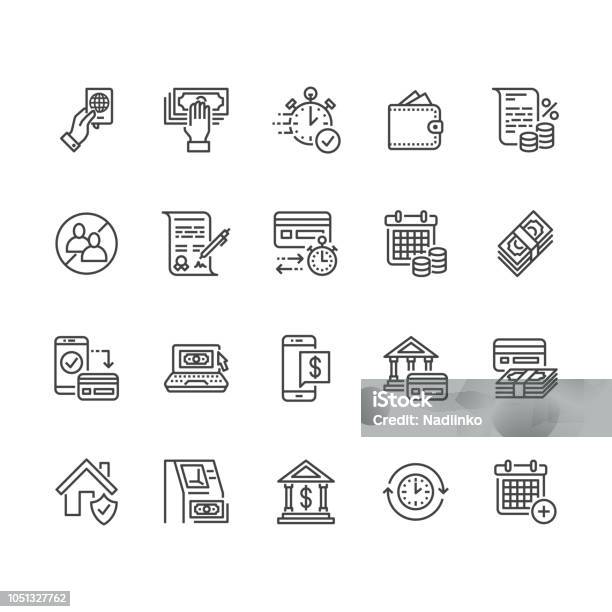 Finance Money Loan Flat Line Icons Set Quick Credit Approval Currency Transaction No Commission Cash Deposit Atm Vector Illustrations Thin Signs For Banking Pixel Perfect 64x64 Editable Strokes Stock Illustration - Download Image Now