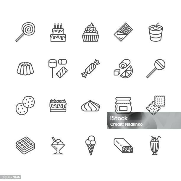 Sweet Food Flat Line Icons Set Pastry Vector Illustrations Lollipop Chocolate Bar Milkshake Cookie Birthday Cake Marshmallow Thin Signs For Desserts Menu Pixel Perfect 64x64 Editable Strokes Stock Illustration - Download Image Now