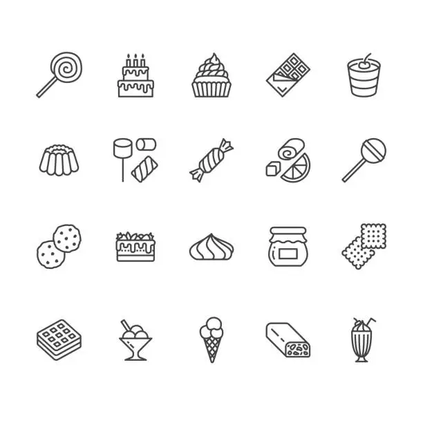 Vector illustration of Sweet food flat line icons set. Pastry vector illustrations lollipop, chocolate bar, milkshake, cookie, birthday cake, marshmallow. Thin signs for desserts menu. Pixel perfect 64x64. Editable Strokes