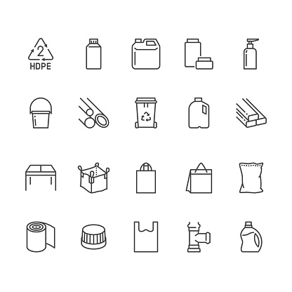 High density polyethylene flat line icons. HDPE products jerry can, plastic canister, pipe, milk jug, garbage container vector illustrations. Packaging thin signs. Pixel perfect 64x64 Editable Strokes