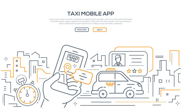 ilustrações, clipart, desenhos animados e ícones de táxi app móvel - bandeira de estilo de concepção moderna linha - driving mobile phone car talking
