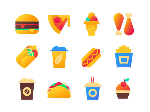 illustrations, cliparts, dessins animés et icônes de restauration rapide - set d’icônes de style design plat - hamburger refreshment hot dog bun