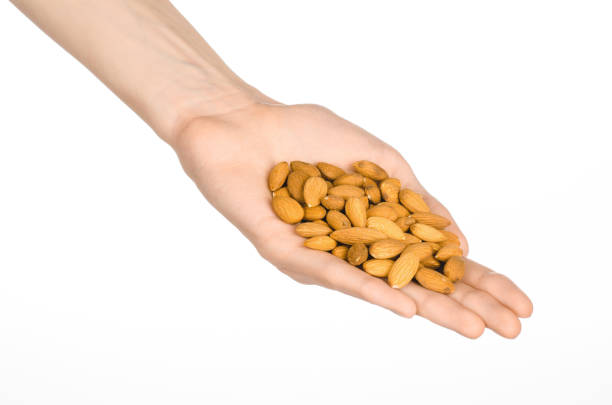 istock Nuts and cooking theme: man's hand holds nuts almonds on a white isolated background in studio 1051337044