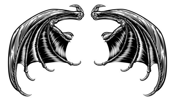 Bat or Dragon Wings A set of dragon, bat or other scary wings in a retro woodcut engraving style costume wing stock illustrations