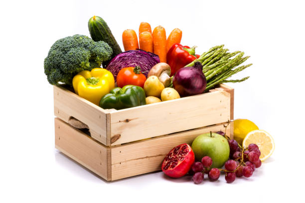 pine box full of colorful fresh vegetables and fruits on a white background - leaf vegetable freshness vegetable market imagens e fotografias de stock