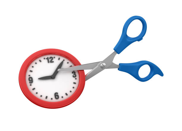 ciseaux de coupe horloge - rendu 3d - deadline time clock urgency photos et images de collection