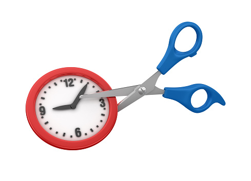 Scissors Cutting Clock - White Background - 3D Rendering