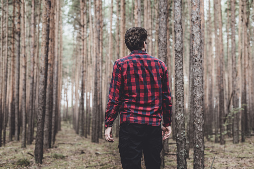Man in red plaid shirt and black military pants lost in the pine forest. Copy space. Toned