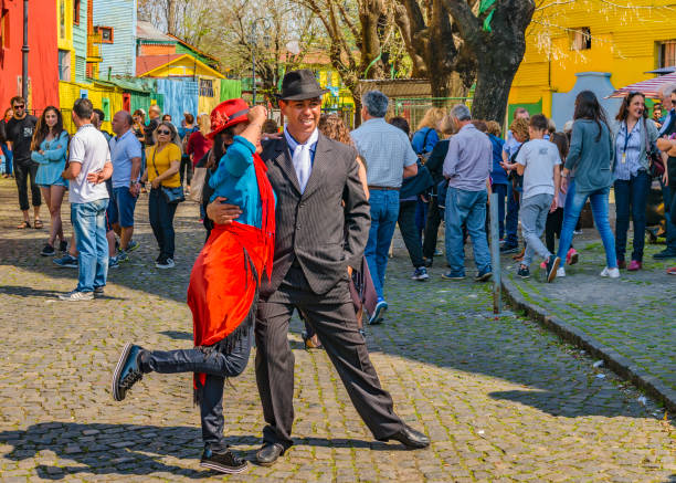 BUENOS AIRES, ARGENTINA, SEPTEMBER - 2018 - Couple of tango dancer posing for a photo at traditional caminito street at la boca neighborhood, Buenos Aires
