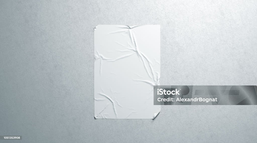 Blank white wheatpaste adhesive poster mockup on textured wall Blank white wheatpaste adhesive poster mockup on textured wall, 3d rendering. Empty street art sticker mock up. Clear urban canvas for affiche or propaganda. Creased advertising glued placard. Poster Stock Photo