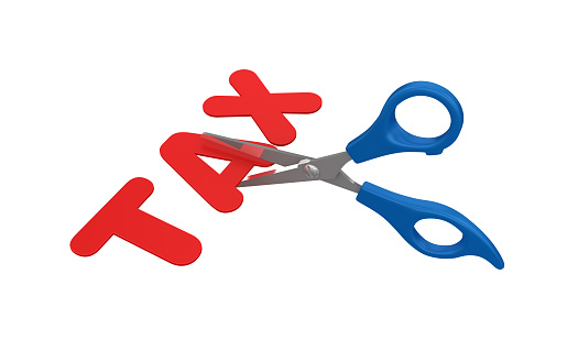 Scissors Cutting Tax Word - White Background - 3D Rendering