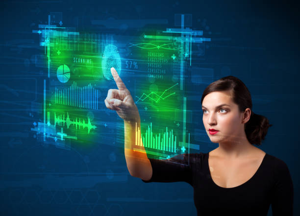 istock Young businesswoman pressing modern technology panel with finger print reader 1051360474