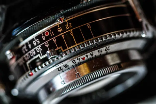 Close up of aperture ring of antique camera lens