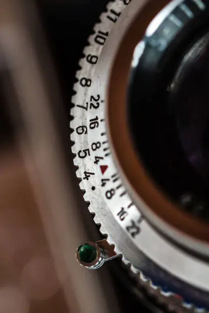 Close up of aperture ring of antique camera lens