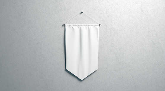 Blank white rhombus pennant mockup, wall mounted, 3d rendering. Empty flag mock up, isolated on surface. Clear hanging penant, front view. Promotion pennon tempalate.