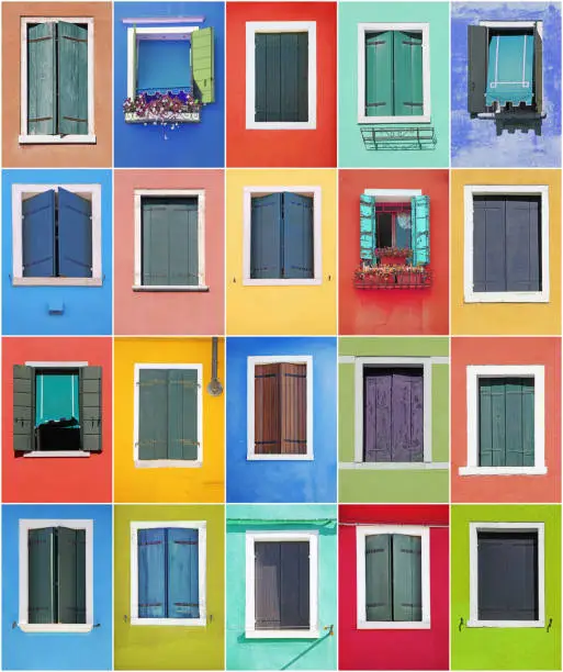 Photo of Collage of colorful windows with frames in Burano, Venice, Italy