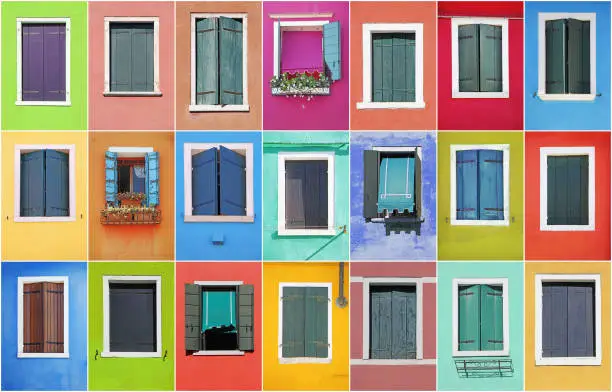 Photo of Collage of colorful windows with frames in Burano, Venice, Italy