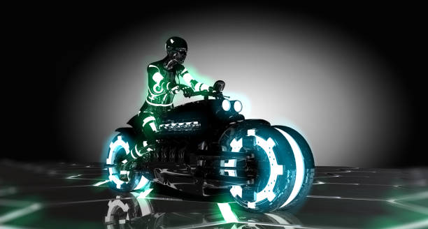 Futuristic Transportation Vehicle and Rider Crazy motorcycle pilot in the future. super bike stock pictures, royalty-free photos & images