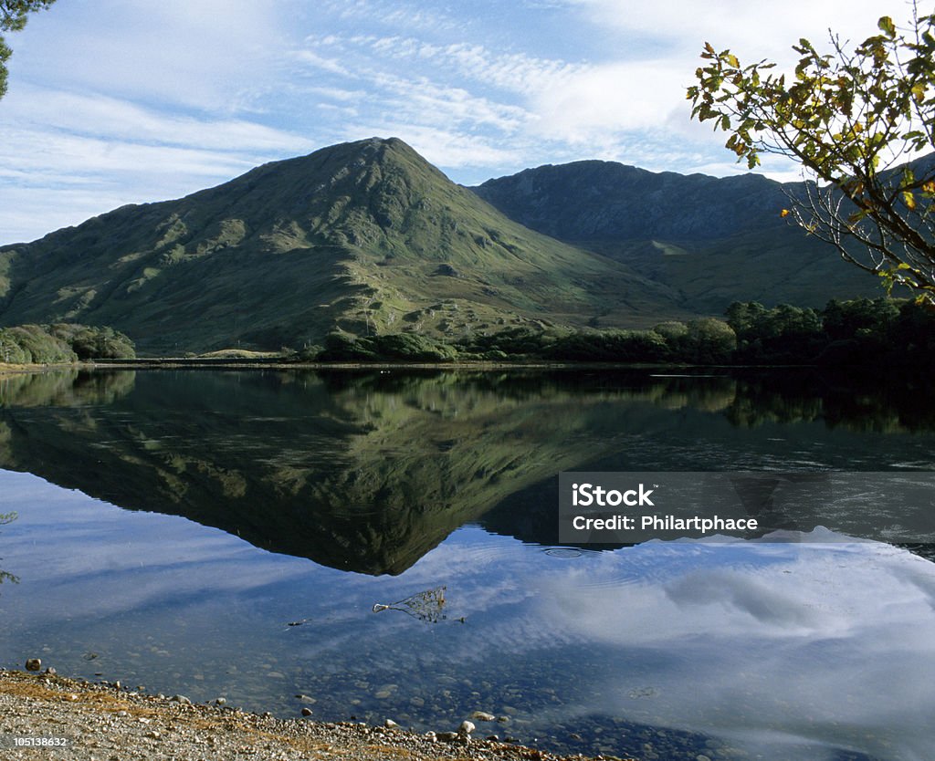 hill reflection picturesque view at the peaceful lake near Kylemore Abbey in Connemara, Ireland Connemara Stock Photo