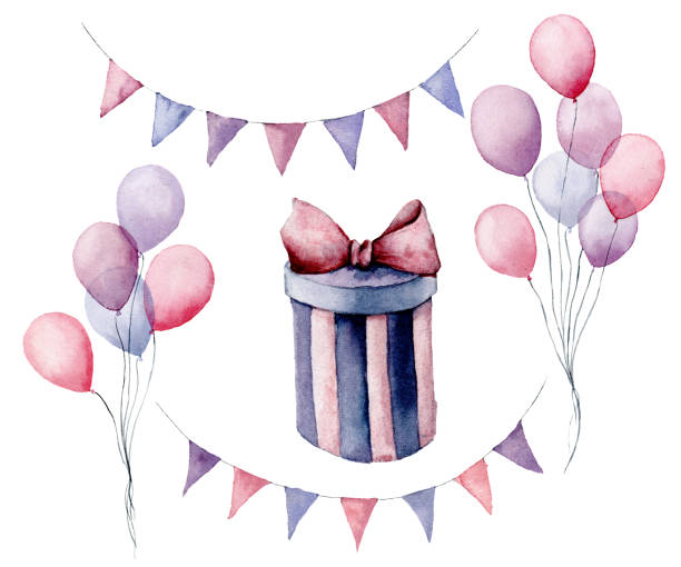 Watercolor birthday set. Hand painted gift box with ribbon, flag garlands, air balloons isolated on white background. Pastel decor collection. Holiday illustrations. Watercolor birthday set. Hand painted gift box with ribbon, flag garlands, air balloons isolated on white background. Pastel decor collection. Holiday illustrations watercolor hot air balloon stock illustrations