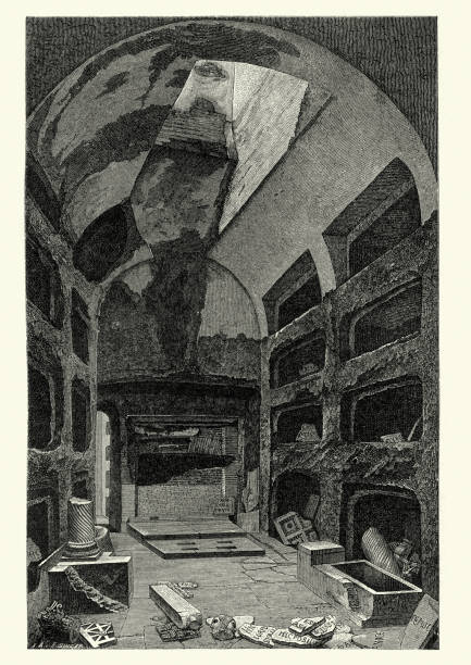 Vintage engraving of Burial chamber of Roman bishops of the 3rd century in the Catacombs of Rome