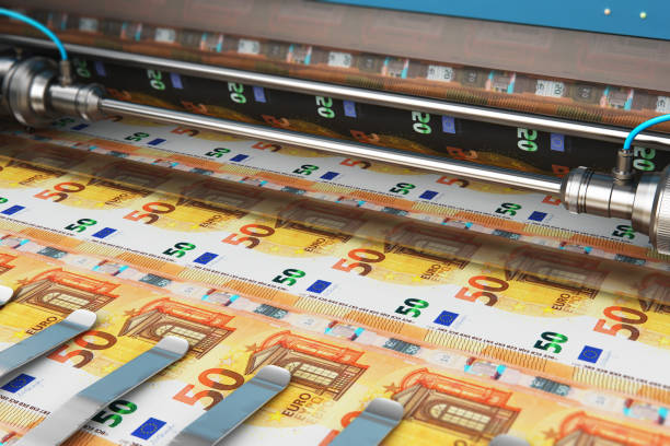 Business success, finance, banking, accounting and making money concept: 3D render illustration of printing 50 Euro money paper cash banknotes on print machine in typography