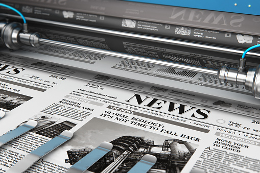 3D render illustration of printing black and white daily business newspapers or news papers on the offset print machine in typography